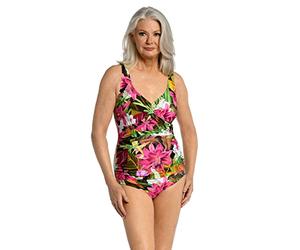 Maxine Of Hollywood V-Neck Twist Front Shirred One Piece Swimsuit Traje de baño de una Sola Pieza, Selva Multi/exótica, 46 Más para Mujer