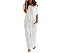 Maxivestido de Descanso para Mujer con Hombros Descubiertos y Mangas murciélago; Vestido Largo Casual y cómodo Estilo Camiseta, de Corte Holgado y Color Liso. (White,S)