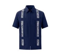 MAXJON Camisa de guayabera cubana de manga corta para hombre, con cremallera completa, camisa hawaiana mexicana con bolsillo, marino, Small