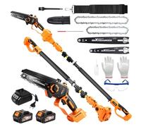 maXpeedingrods 4-en-1 Mini Motosierra a Batería & Podadora de Altura 8 & 6" | Sierra-para Ramas Eléctrica Sin Escobillas Telescópica 1.7-2.9M con 2x4.0Ah Batería, 180° para Poda de Árboles Regalo
