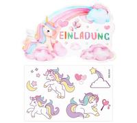 MAXQUU 12 tarjetas de invitación de caballo arco iris con 1 adhesivo impermeable para tatuajes, tarjeta de invitación de cumpleaños de dibujos animados, invitaciones para niños, accesorios para