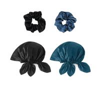 MAXQUU 2 gorros de dormir de seda con 2 gomas para el pelo, diadema suave para mujer, gorro de satén para el pelo, gorro de dormir rizado, banda elástica ajustable (azul, negro)