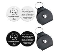 MAXQUU 2 llaveros grabados de doble cara con estuche de piel, regalo inspirador de amuleto de la suerte, artículo conmemorativo redondo, portátil, monedas de la suerte con abrazo, color acero, negro