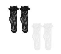 MAXQUU 2 pares de calcetines con volantes para mujer, 1 par de calcetines negros con volantes, 1 par de calcetines blancos con volantes, calcetines tobilleros con volantes, calcetines tradicionales