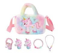 MAXQUU Bolso de mano de animales de 1 pieza con juego de collar de 5 piezas, bolsa de animales arco iris para niñas, regalo de animales para niñas, bolsa dulce para guardar joyas, bolso de peluche,