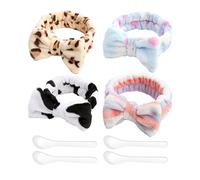 MAXQUU Juego de 4 diademas de terciopelo coral multicolor y 4 lápices blancos para mascarilla, accesorios absorbentes y elásticos, diademas para el cuidado de la piel y maquillaje.