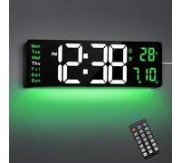 Maxstar Reloj 16" con Mando, 2 Alarmas, Horario Verano, Fecha, Regulador Luz, Temperatura, Números Gigantes, LED, Luz Nocturna para Salón, Cocina, Garaje, Gimnasio (Verde)