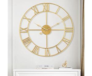 Maxstar Reloj de Pared Moderno con números Romanos Grandes sin tictac, Redondo, de Metal, silencioso, Vintage,para Sala de Estar, Cocina, dormitorios,de jardín, decoración Dorada de40 cm