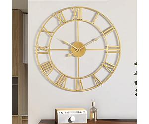 Maxstar Reloj de Pared Moderno con números Romanos Grandes sin tictac, Redondo, de Metal, silencioso, Vintage,para Sala de Estar, Cocina, dormitorios,de jardín, decoración Dorada de47 cm