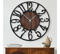 Maxstar Reloj de Pared Redondo para decoración de Sala de Estar,Funciona con Pilas,sin tictac,de Metal Negro,Relojes de Madera para el hogar,Sala de Estar, jardín,Oficina,Cocina,decoración