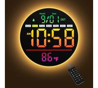 Maxstar Reloj Digital Pared de 8" con Luz Nocturna, Alarma, Control Remoto, 11 Colores RGB, Brillo, Temperatura, Segundos, Fecha y Día, Reloj de Pared LED Eléctrico Moderno para Sala de Estar