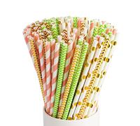 maxtachi Pajitas Papel,100 Radical Pajitas de Papel Individuale Elegante y Duradero,Múltiples Estilos,Adecuadas Para Zumos, Batidos,Cola-Onda Dorada,Punto Dorado,Raya Rosa Oscuro,Onda Verde