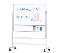 maxtek Pizarra Blanca Móvil Regulable en Altura 150×120 cm, Pizarra Blanca Borrable Magnética con 2 Paneles Doble Cara 120×75 cm, Whiteboard con Ruedas y Marco en Aluminio para el Hogar, Oficina, Aula