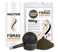 Maxter Fibras Capilares CASTAÑO MEDIO + Spray Aplicador + Bolsa Recarga 100g - Microfibras Capilares en Polvo para Disimular Calvicie y Alopecia - Fibra Capilar Hombre y Mujer - Hair Fibers
