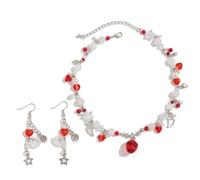 Maxtonser Juego de gargantilla y pendientes de perlas de imitación con colgante de fresa/corazón, accesorios para mujeres y niñas