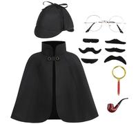 maxToonrain Disfraz de detective para niños, disfraz de Halloween divertido disfraz victoriano de lujo + capa + sombrero de ciervo + lupa + barba falsa para el Día Mundial del Libro para niños y niñas