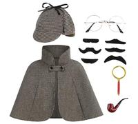 maxToonrain Disfraz de detective para niños, disfraz de Halloween divertido disfraz victoriano de lujo + capa + sombrero de ciervo + lupa + barba falsa para el Día Mundial del Libro para niños y niñas