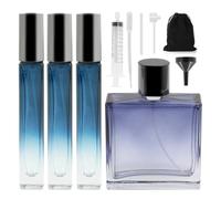 Maxumille 100ml Atomizador Perfume Recargable + 3 x 10ml Botella de Perfumador Cuadrado Azul Degradado con 7 Accesorios, 10 ml Pulverizador Pequeño Perfume de Viaje, Portátil Contenedor para Líquidos