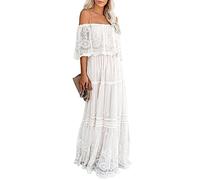 MAXVIGOR Vestido de novia de encaje con hombros descubiertos para mujer, estilo bohemio, dama de honor, fiesta, maternidad, sesión de fotos, maxi vestidos, A Blanco, M