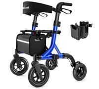 MAXWALK Andador rodante todo terreno para personas mayores, ruedas de goma de 10 pulgadas, plegable con asiento acolchado y soporte para taza y teléfono, cable integrado, diseño compacto, altura