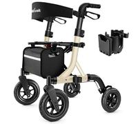 MAXWALK Andadores para personas mayores, andador con asiento, ruedas de goma de 10 pulgadas para todo terreno, con respaldo, cable integrado, plegable y ajuste de altura para personas mayores, color