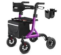 MAXWALK Andadores para personas mayores, andador con ruedas con asiento, ruedas de goma de 8" para todo terreno con respaldo, andadores de aluminio con cable incorporado, plegables y de altura ajust