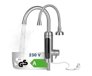 MAXXMEE Grifo eléctrico de acero inoxidable con calentador de agua integrado, incluye 2 grifos intercambiables, agua caliente sin precalentamiento, indicador de temperatura LED, compatible con