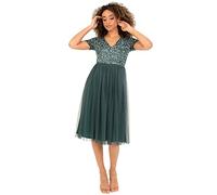 Maya Deluxe Embellished Midi Evening Dress Women Ladies V Neckline with Short Sleeve for Prom Wedding Vestido de Dama de Honor, Emerald Green, 16 para Mujer