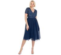Maya Deluxe Embellished Midi Evening Dress Women Ladies V Neckline with Short Sleeve for Prom Wedding Vestido de Dama de Honor, French Navy, 36 para Mujer