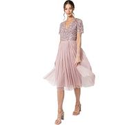 Maya Deluxe Embellished Midi Evening Dress Women Ladies V Neckline with Short Sleeve for Prom Wedding Vestido de Dama de Honor, Rosa Esmerilado, 44 para Mujer