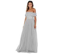 Maya Deluxe Ladies Bardot Dress Women Maxi Embellished Hight Empire Waist Sleeveless Tulle for Wedding Guest Prom Graduation Vestido de Dama de Honor, Gris Suave, 44 para Mujer