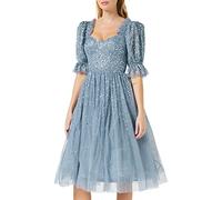 Maya Deluxe Ladies Dress for Women Midi Sequin Embellished Frilly Sweetheart Neckline Puffed Sleeves for Wedding Guest Prom Evening, Vestido Mujer, Dusty Blue, 10