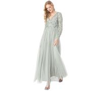 Maya Deluxe Ladies Maxi Dress for Women with Long Sleeves V Neckline Plunging Sequin Embellished for Wedding Guest Bridesmaid Prom, Vestidos De Las Mujeres, Green Lily,