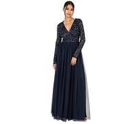Maya Deluxe Ladies Maxi Dress for Women with Long Sleeves V Neckline Plunging Sequin Embellished for Wedding Guest Bridesmaid Prom, Vestido Mujer, Navy,