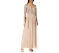 Maya Deluxe Ladies Maxi Dress Women with Long Sleeves V Neckline Plunging Sequin Embellished for Wedding Guest Bridesmaid Prom Vestidos, Taupe Blush, 34 De Las Mujeres