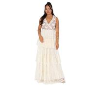 Maya Deluxe Largo para Mujer, sin Mangas, Cuello en V, con Volantes, Lentejuelas, Bordado, Tul, Acampanado, Vestido de Baile, Crudo, 38