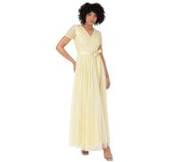 Maya Deluxe Maxi Dress for Women Ladies Bridesmaid V-Neck Ball Gown Short Sleeves Long Elegant Empire Waist Wedding, Vestido de Dama de Honor Mujer, Lemon,