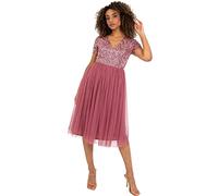 Maya Deluxe Maya Deluxe Embellished Midi Evening Dress for Women Ladies V Neckline with Short Sleeve for Prom Wedding, Vestido de Dama de Honor Mujer, Desert Rose, 20