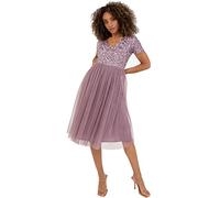 Maya Deluxe Maya Deluxe Embellished Midi Evening Dress for Women Ladies V Neckline with Short Sleeve for Prom Wedding, Vestido de Dama de Honor Mujer, Moody Lilac, 8