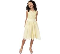 Maya Deluxe Midi Dress for Girls Sequins Embellished Party Tutu Bridesmaids Wedding with Belt Bow, Vestido Niñas, Lemon,