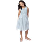 Maya Deluxe Midi Dress for Girls Sequins Embellished Party Tutu Bridesmaids Wedding with Belt Bow, Vestido Niñas, Ice Blue,