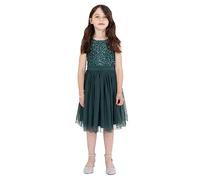 Maya Deluxe Midi Dress for Girls Sequins Embellished Party Tutu Bridesmaids Wedding with Belt Bow, Vestido Niñas, Emerald Green, 7-8 Years