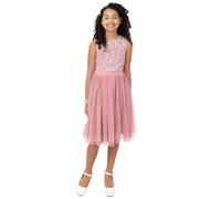 Maya Deluxe Midi Dress for Girls Sequins Embellished Party Tutu Bridesmaids Wedding with Belt Bow, Vestido Niñas, Vintage Rose,