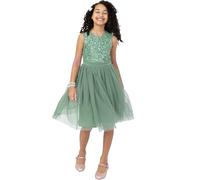 Maya Deluxe Midi Dress for Girls Sequins Embellished Party Tutu Bridesmaids Wedding with Belt Bow, Vestido Niñas, Deep Mint,