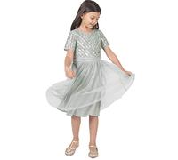 Maya Deluxe Midi Girls Dress for Wedding with Sequin Embellishment Short Sleeve Prom Birthday Party Bridesmaid Vestidos, Green Lily, 7-8 Years Muchachas