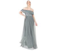 Maya Deluxe Vestido de Bardot para Mujer, Maxi Adornado, Cintura Imperio, sin Mangas, Tul para Boda, invitada, graduación Dama de Honor, Verde neblina, 44
