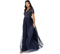 Maya Deluxe Vestido de Mujer para invitada de Boda, Talla Grande, Cintura Alta, Lentejuelas, Manga Corta, Dama de Honor, Azul Marino, 40