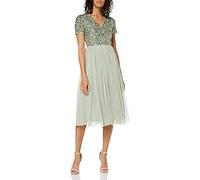 Maya Deluxe Vestido de Noche Midi Adornado para Mujer, Cuello En V con Manga Corta para Graduación, Boda Dama de Honor, Lirio Verde, 42