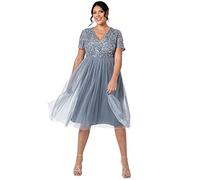 Maya Deluxe Vestido de Noche Midi Adornado para Mujer, Cuello En V con Manga Corta para Graduación, Boda Dama de Honor, Dusty Azul, 34