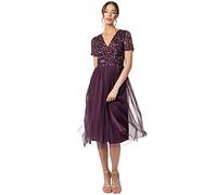 Maya Deluxe Vestido de Noche Midi Adornado para Mujer, Cuello En V con Manga Corta para Baile de Graduación Y Boda Dama de Honor, Frutas del Bosque, 48